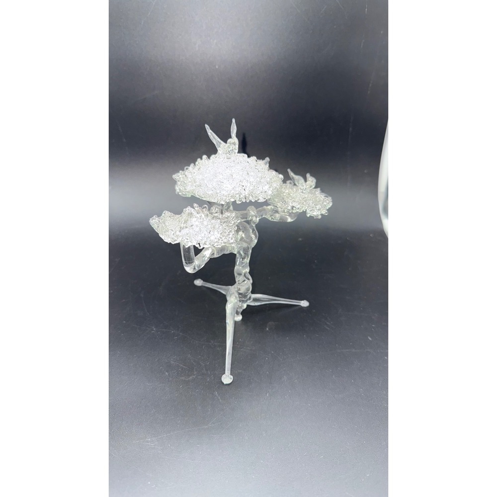 Hand Blown Spun Clear Glass Bonsai Tree Figurine with Bird Sculpture Art